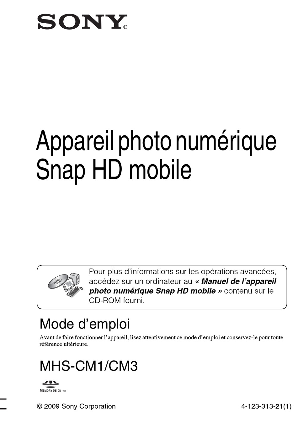 SONY MHSCM1/V WEBBIE HD& MP4 CAMERA MODE D'EMPLOI Pdf Download