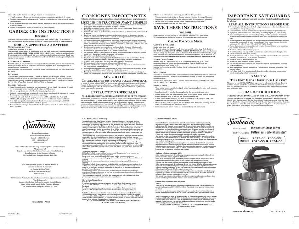 SUNBEAM MIXMASTER 237933 USER MANUAL Pdf Download ManualsLib