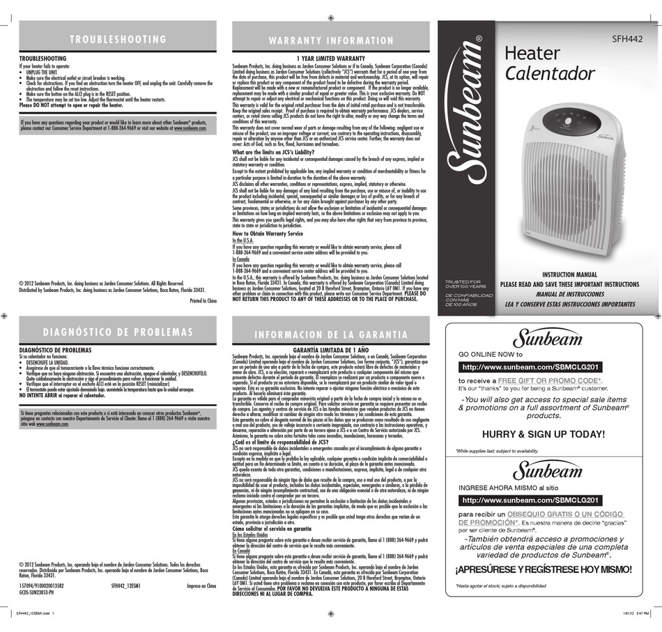 SUNBEAM CALENTADOR SFH442 INSTRUCTION MANUAL Pdf Download | ManualsLib