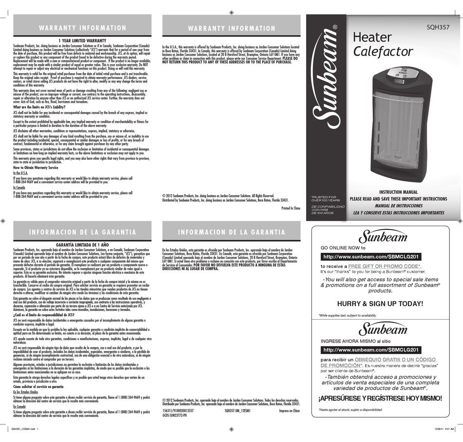 SUNBEAM CALEFACTOR SQH357 INSTRUCTION MANUAL Pdf Download | ManualsLib