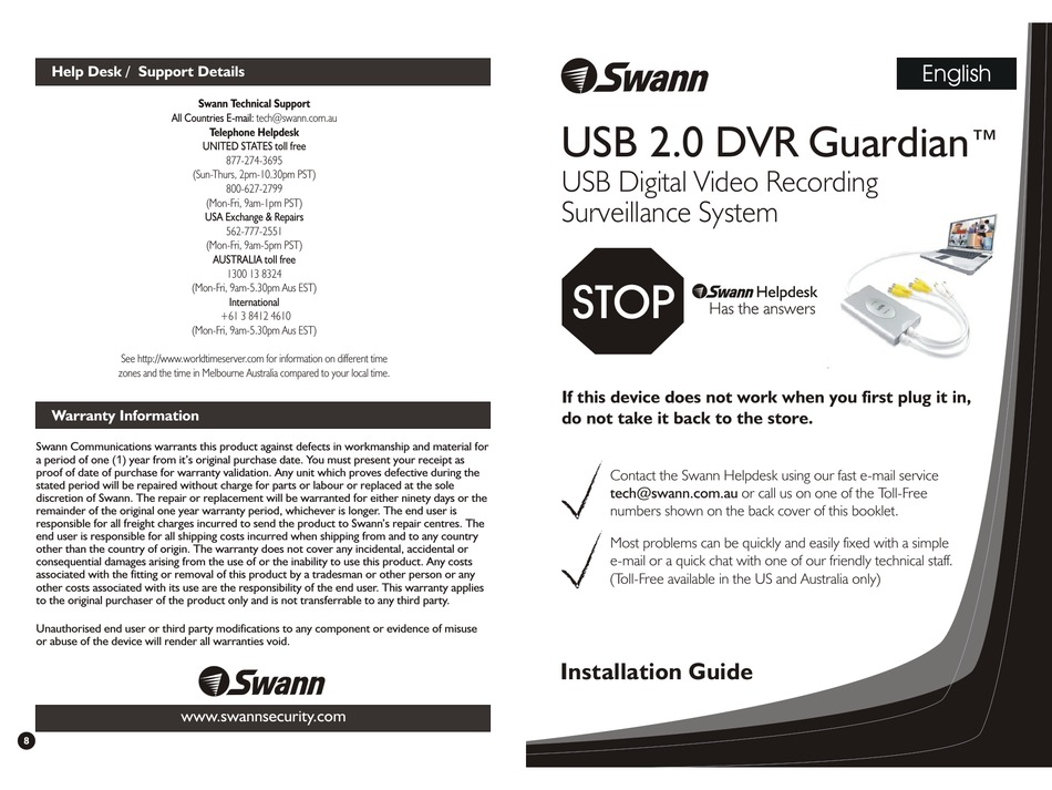 SWANN USB 2.0 DVR GUARDIAN INSTALLATION MANUAL Pdf Download ManualsLib