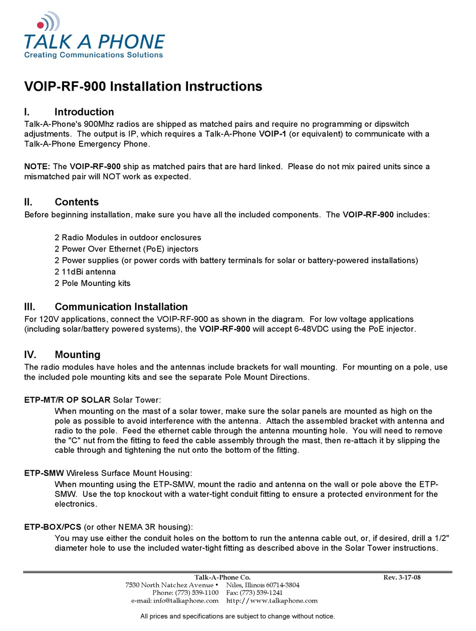 TALKAPHONE VOIPRF900 INSTALLATION INSTRUCTIONS Pdf Download