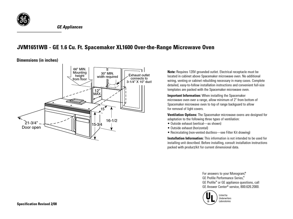 GE SPACEMAKER XL1600 JVM1651WB DIMENSIONS Pdf Download ManualsLib
