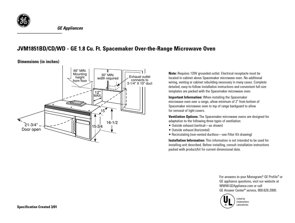 GE SPACEMAKER JVM1851BD DIMENSIONS Pdf Download | ManualsLib