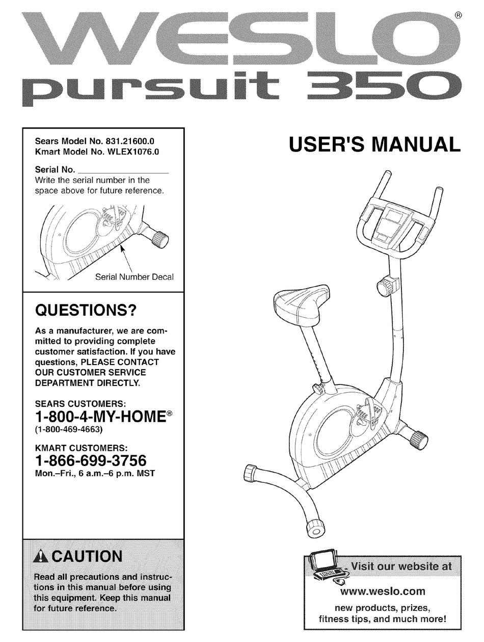 WESLO PURSUIT 350 USER MANUAL Pdf Download ManualsLib