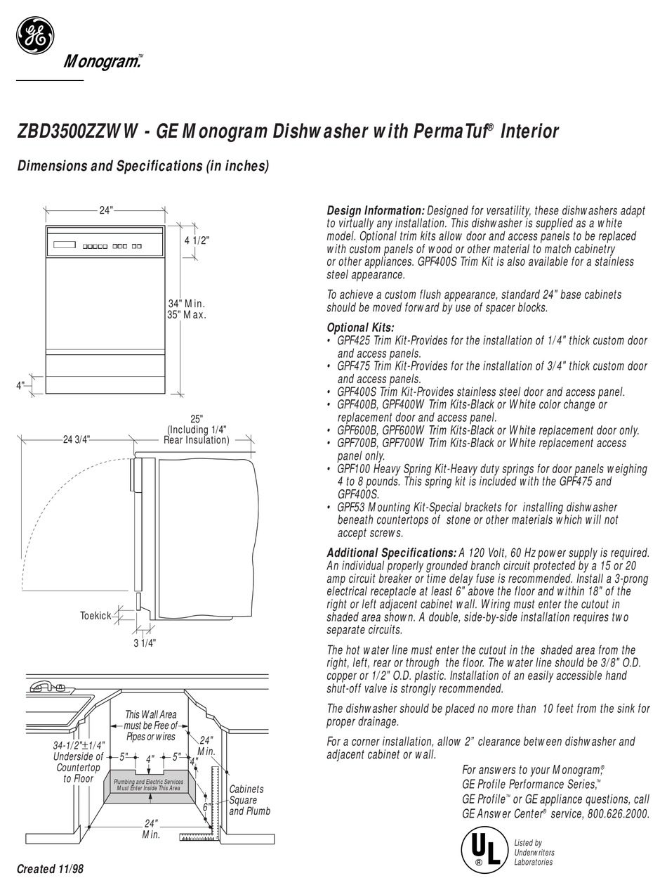 GE MONOGRAM ZBD3500ZZWW DIMENSION MANUAL Pdf Download ManualsLib