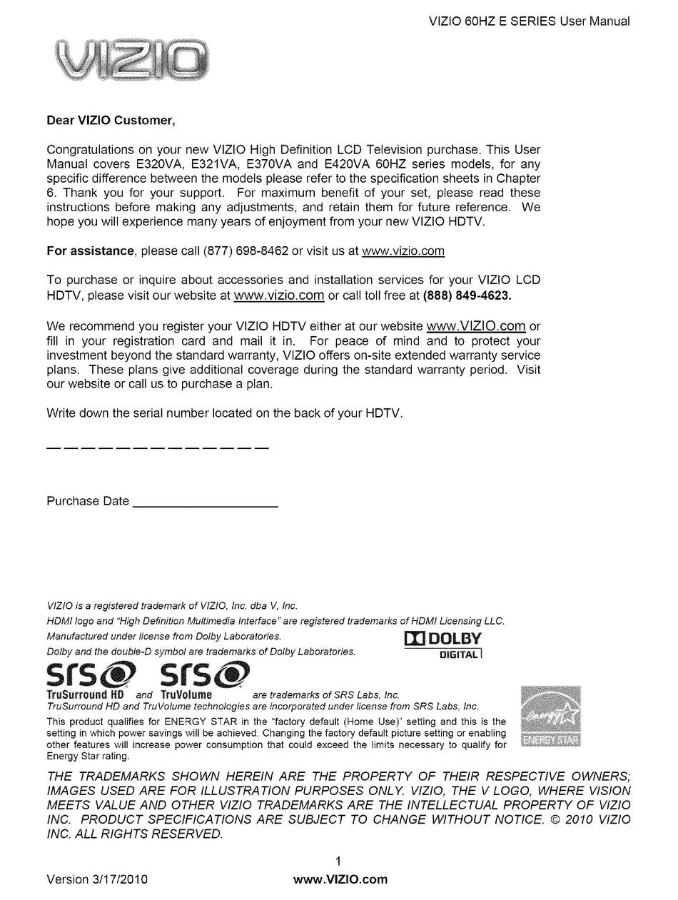VIZIO E420VA USER MANUAL Pdf Download | ManualsLib