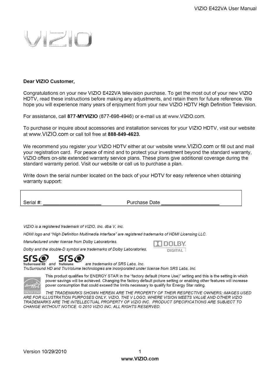 VIZIO E422VA USER MANUAL Pdf Download | ManualsLib