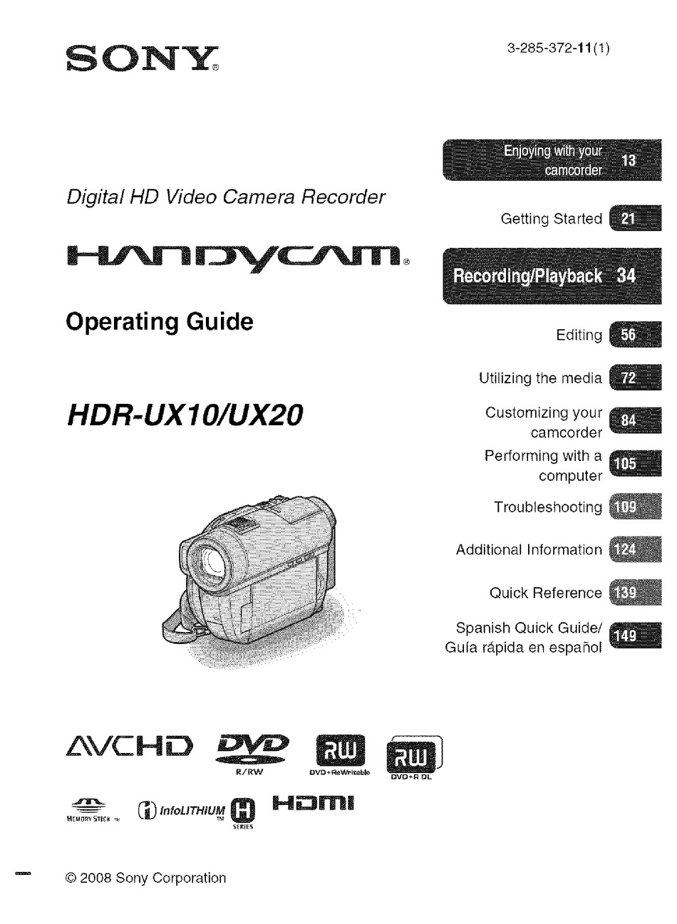 SONY HANDYCAM HDRUX10 OPERATING MANUAL Pdf Download ManualsLib
