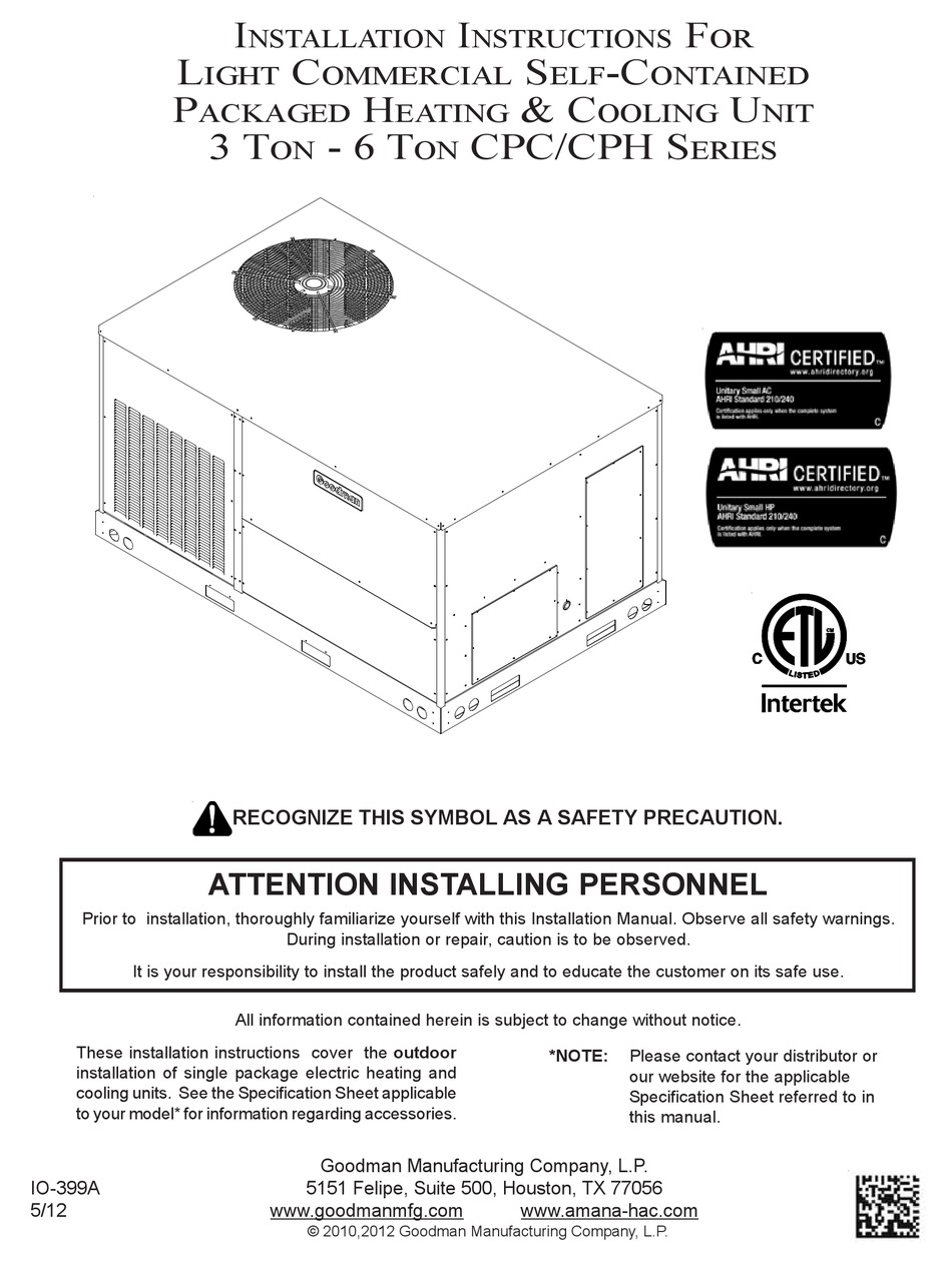 GOODMAN CPC SERIES INSTALLATION INSTRUCTIONS MANUAL Pdf Download ...