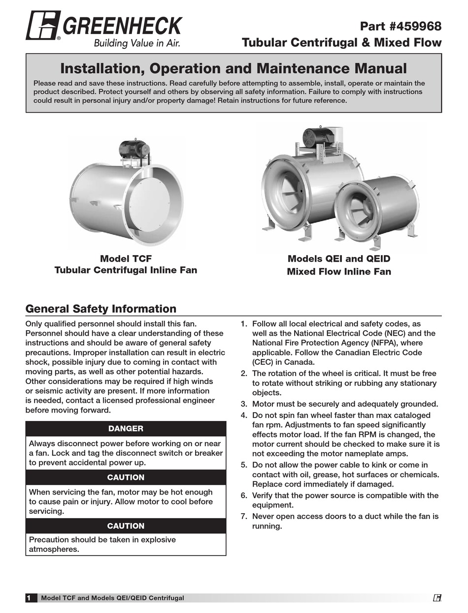 GREENHECK TCF INSTALLATION, OPERATION AND MAINTENANCE MANUAL Pdf ...