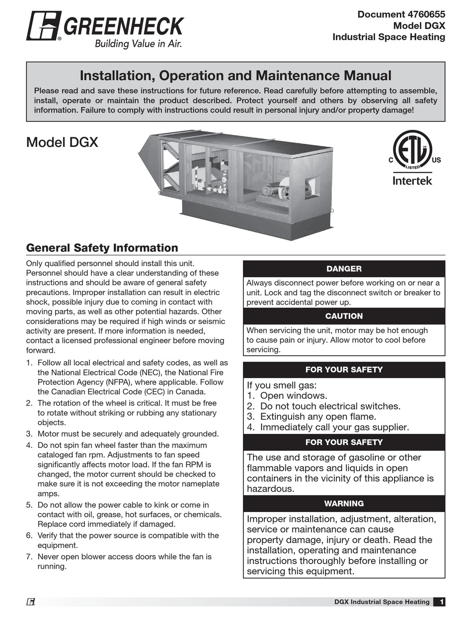 GREENHECK DGX INSTALLATION, OPERATION AND MAINTENANCE MANUAL Pdf