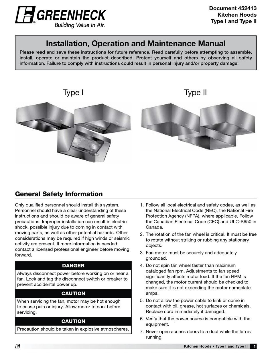 GREENHECK TYPE I INSTALLATION, OPERATION AND MAINTENANCE MANUAL Pdf ...