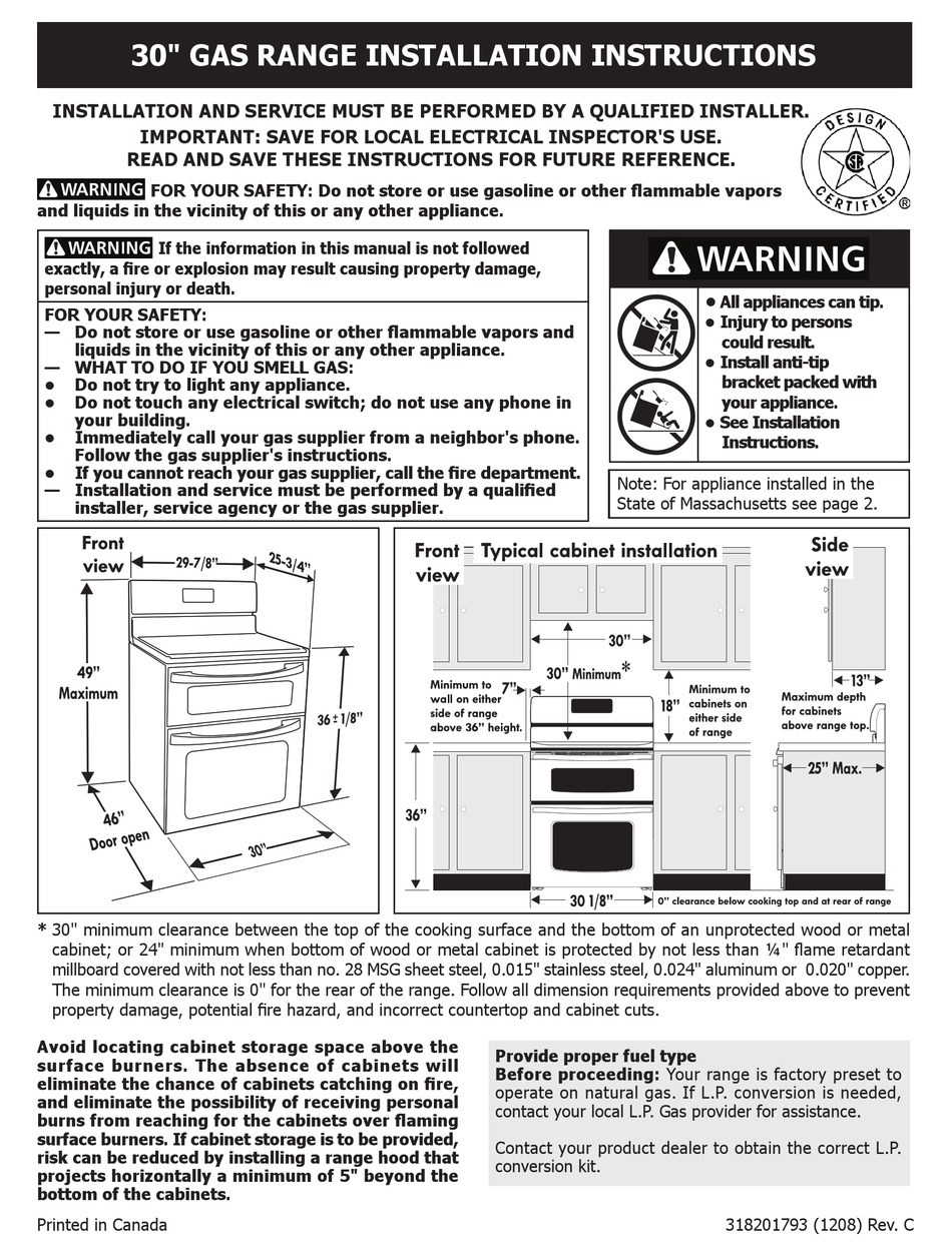 FRIGIDAIRE FGGF301DNB INSTALLATION INSTRUCTIONS MANUAL Pdf Download
