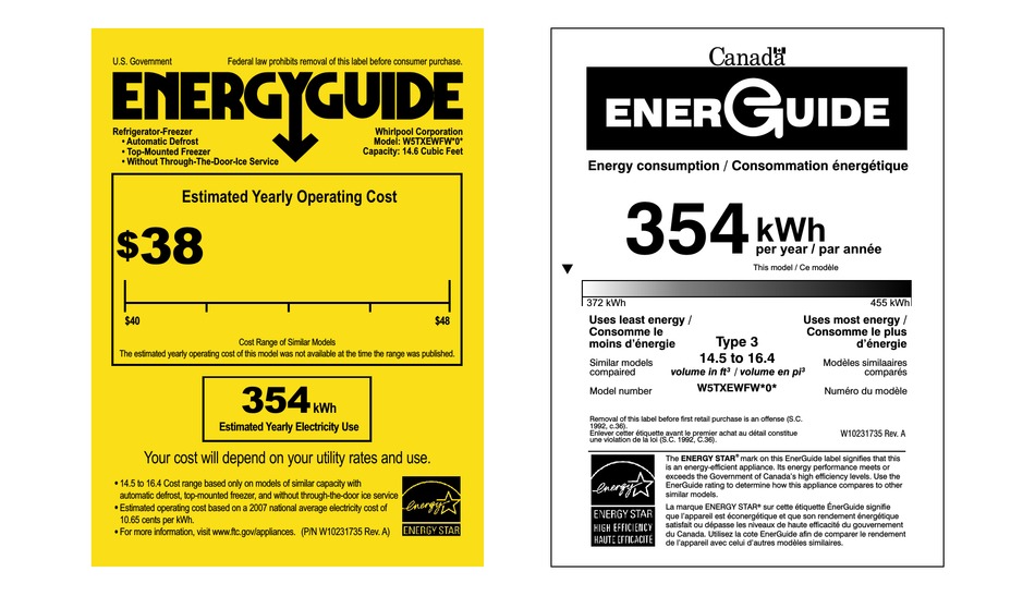 WHIRLPOOL W5TXEWFWB 15 CU. FT. REFRIGERATOR ENERGY MANUAL Pdf