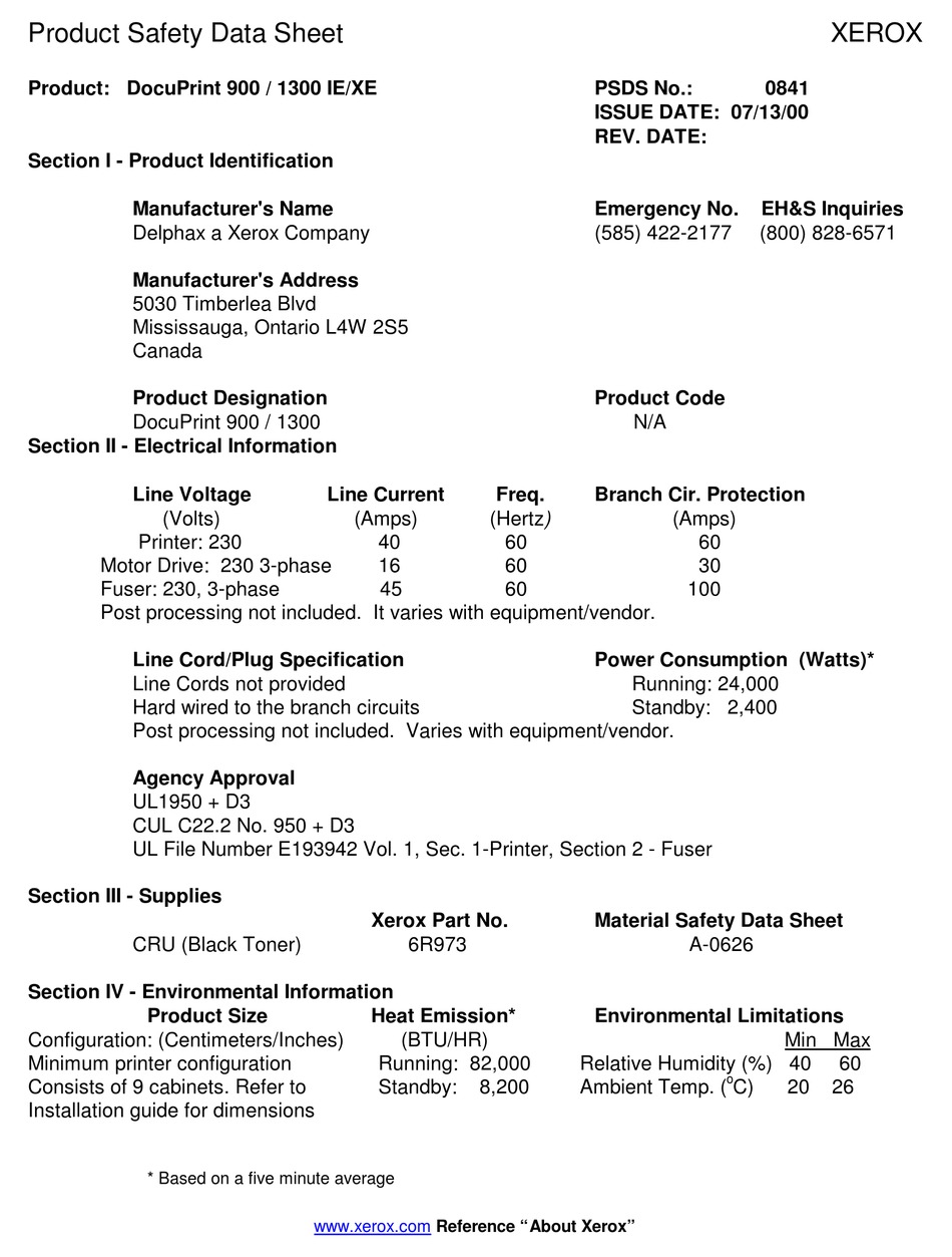 XEROX DOCUPRINT 1300 IE PRODUCT SAFETY DATA SHEET Pdf Download ManualsLib