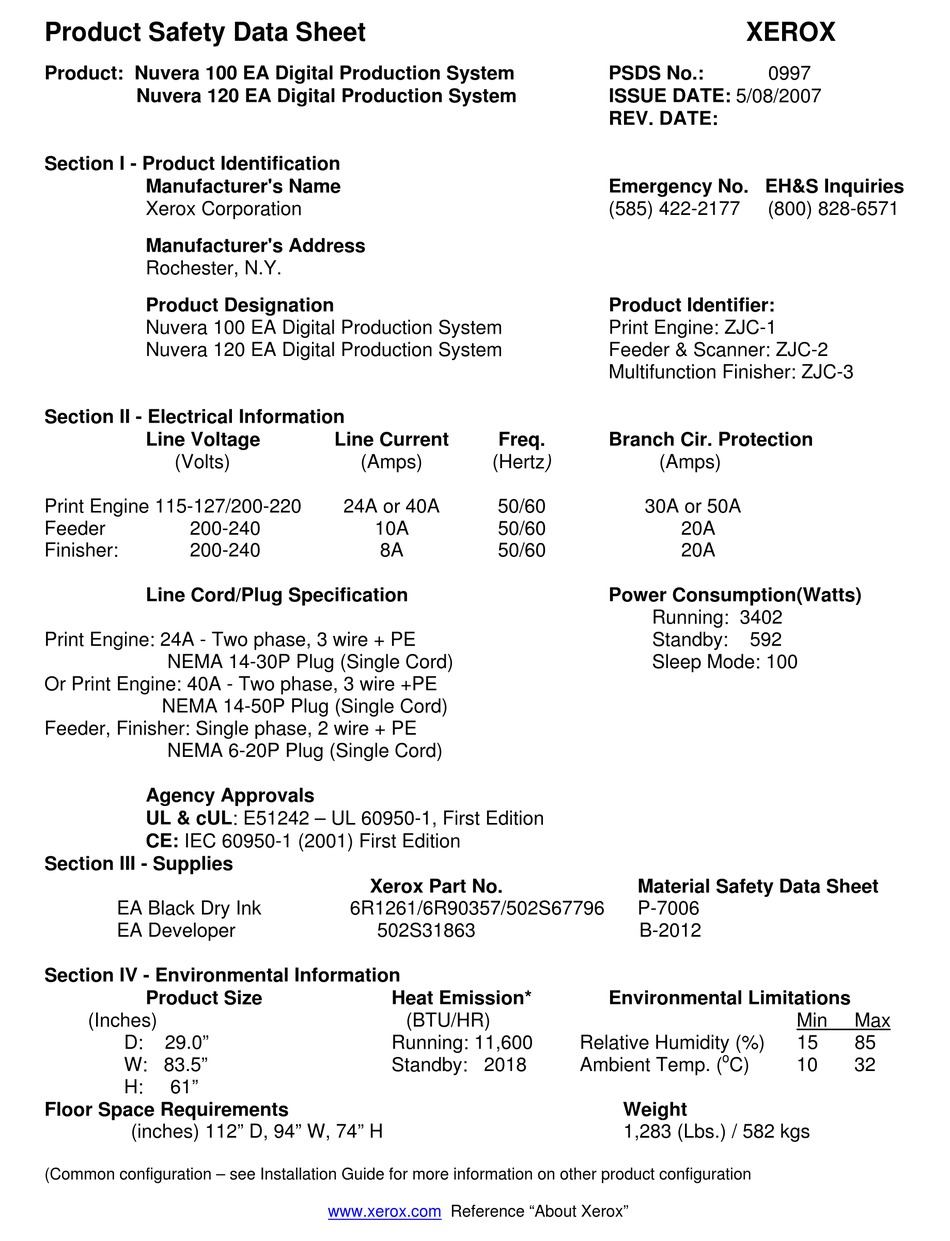 XEROX NUVERA 100 EA PRODUCT SAFETY DATA SHEET Pdf Download ManualsLib