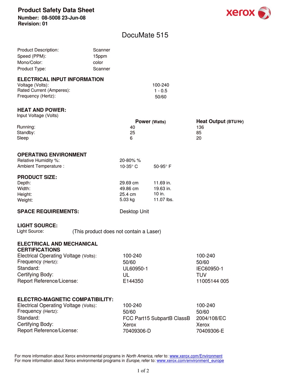 XEROX DOCUMATE 515 PRODUCT SAFETY DATA SHEET Pdf Download ManualsLib