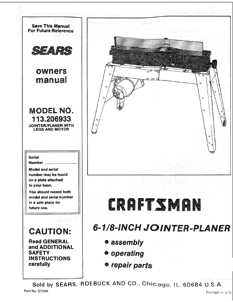 Sears Craftsman 6" Jointer 113.206801 & 113.206931 Op & Parts List Manual #1882 