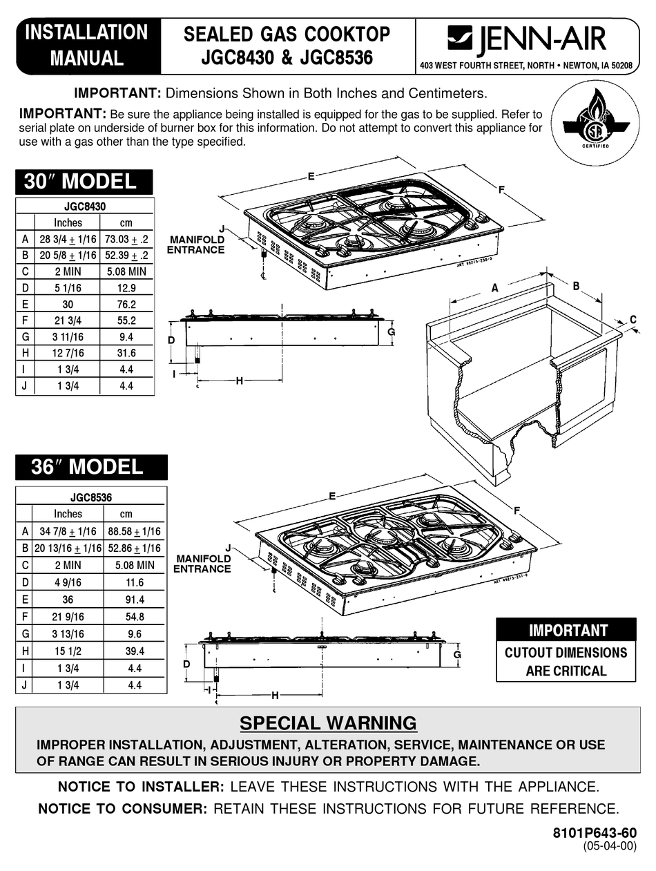 JENNAIR JGC8430 INSTALLATION MANUAL Pdf Download ManualsLib