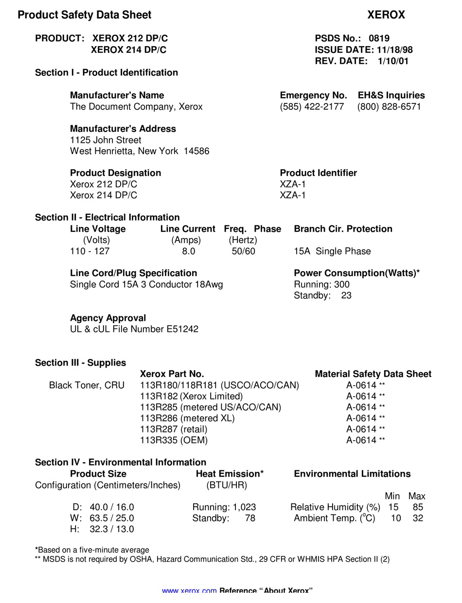 XEROX 212 DP/C PRODUCT SAFETY DATA SHEET Pdf Download ManualsLib
