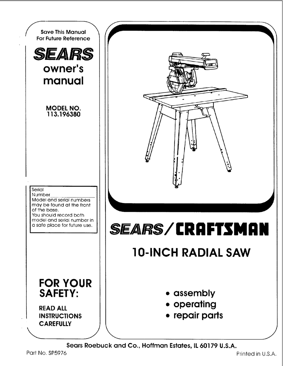 Sears Craftsman  Radial Arm Saw Manual No.113.197250 