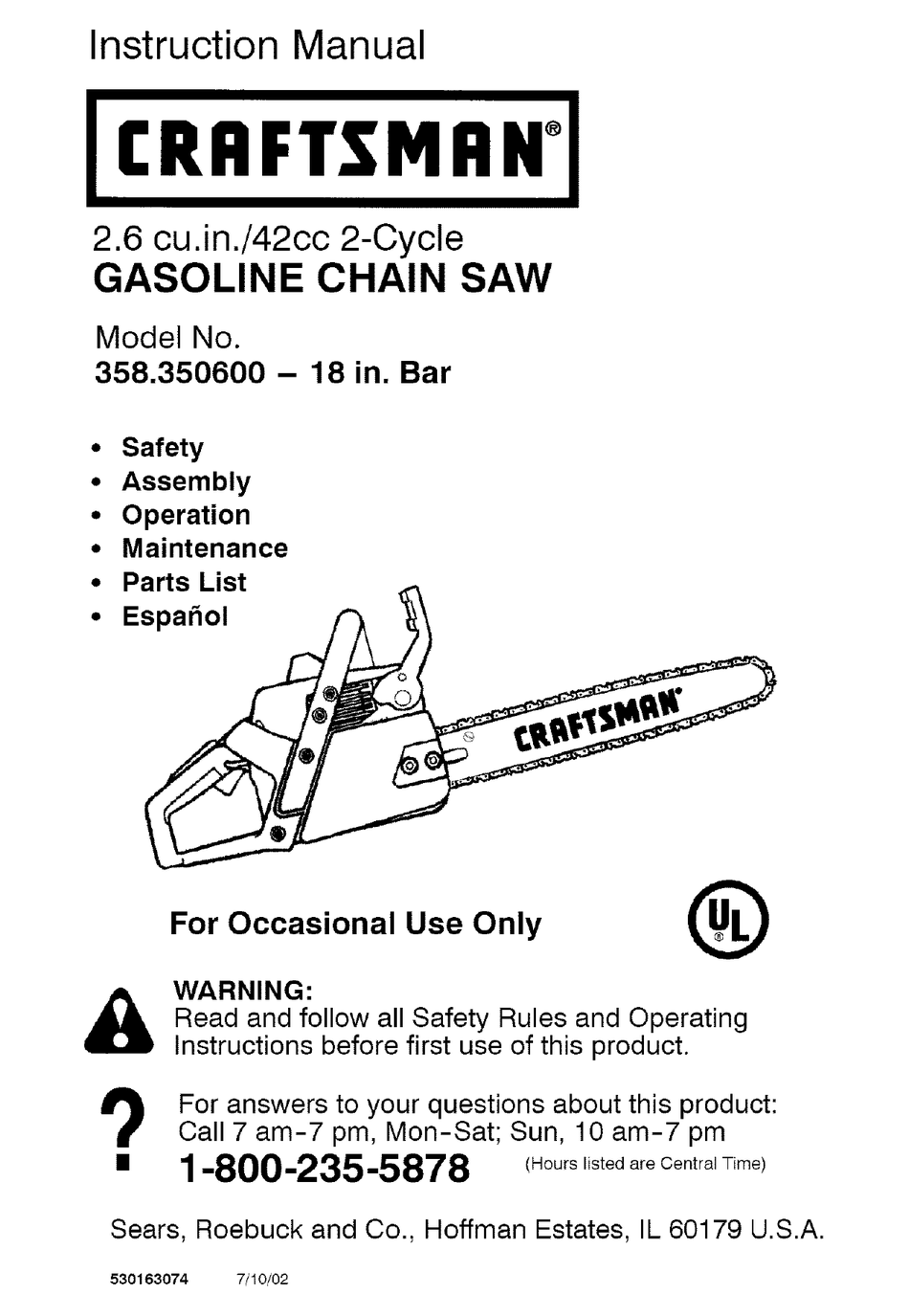 CRAFTSMAN 358.350600 INSTRUCTION MANUAL Pdf Download | ManualsLib