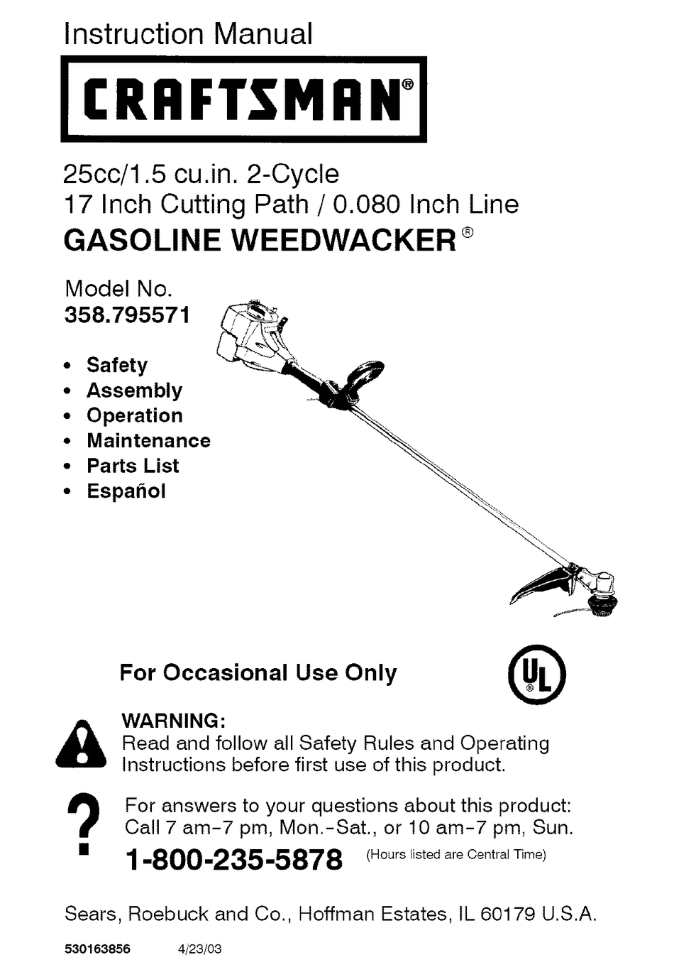Craftsman Weedwacker 358 795571 Instruction Manual Pdf Download Manualslib