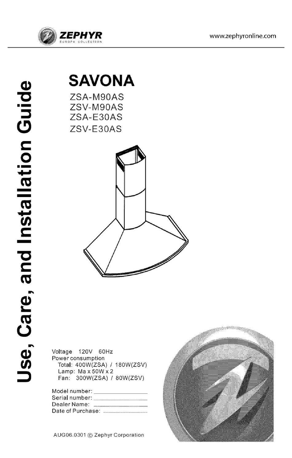 ZEPHYR SAVONA ZSAE30AS USE, CARE AND INSTALLATION MANUAL Pdf Download