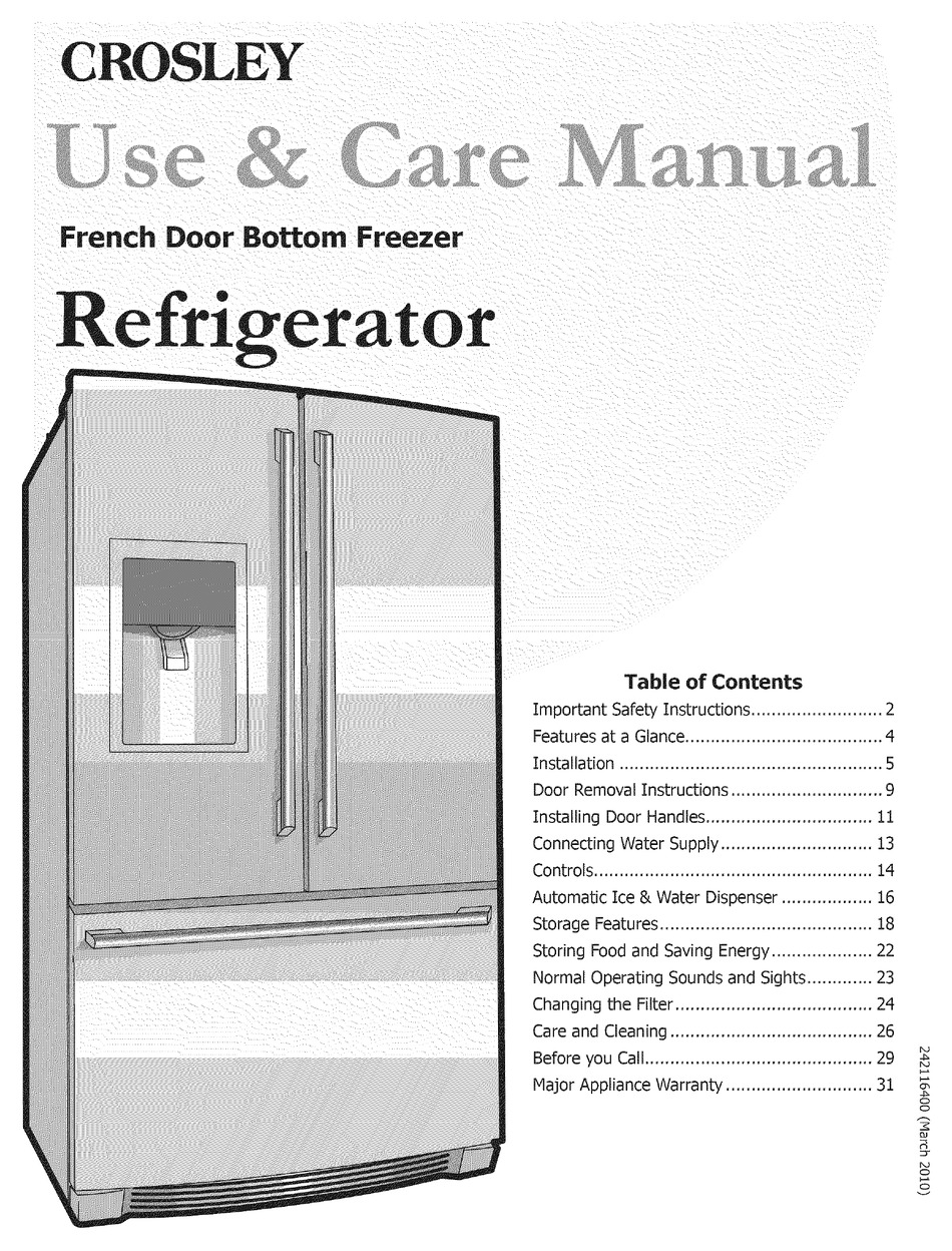 CROSLEY FRENCH DOOR BOTTOM FREEZER USE & CARE MANUAL Pdf Download ...