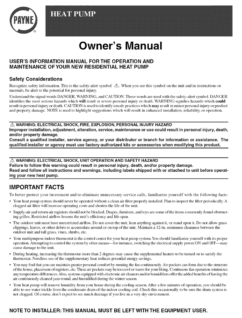 PAYNE HEAT PUMP OWNER'S MANUAL Pdf Download | ManualsLib