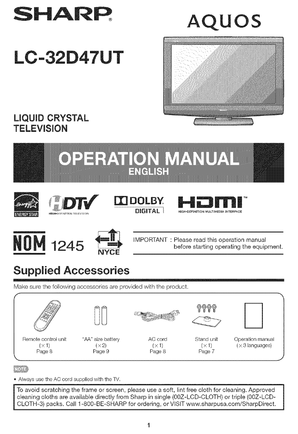 SHARP AQUOS LC-32D47UT OPERATION MANUAL Pdf Download | ManualsLib