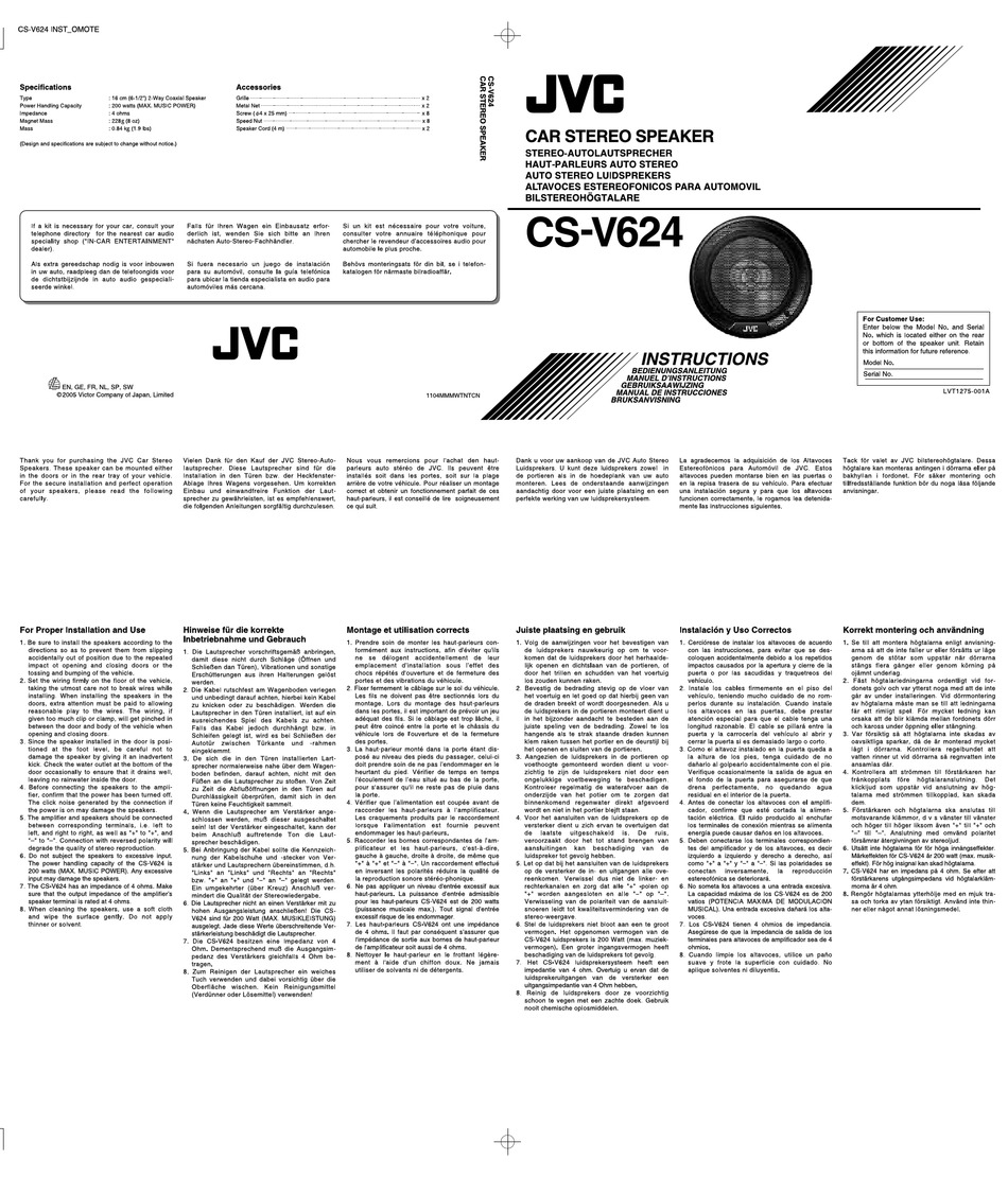 JVC CS-V624 INSTRUCTIONS Pdf Download | ManualsLib