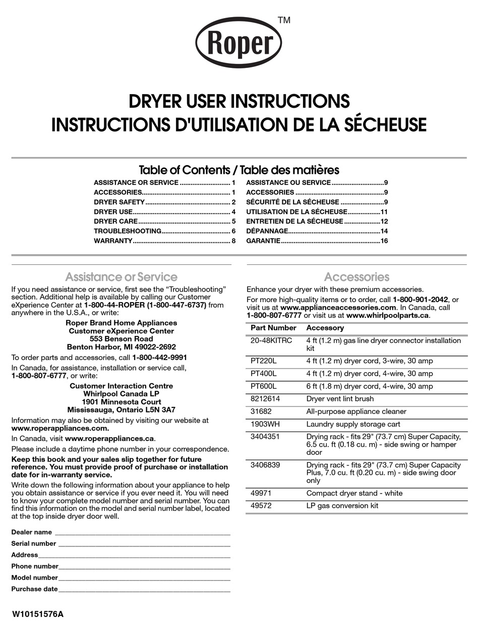 ROPER RED4440VQ USER INSTRUCTIONS Pdf Download ManualsLib