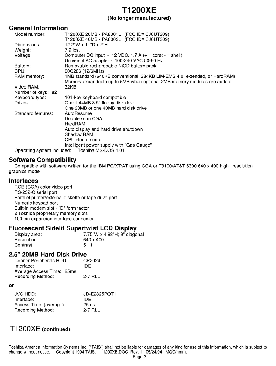 TOSHIBA T1200XE SPECIFICATION SHEET Pdf Download | ManualsLib