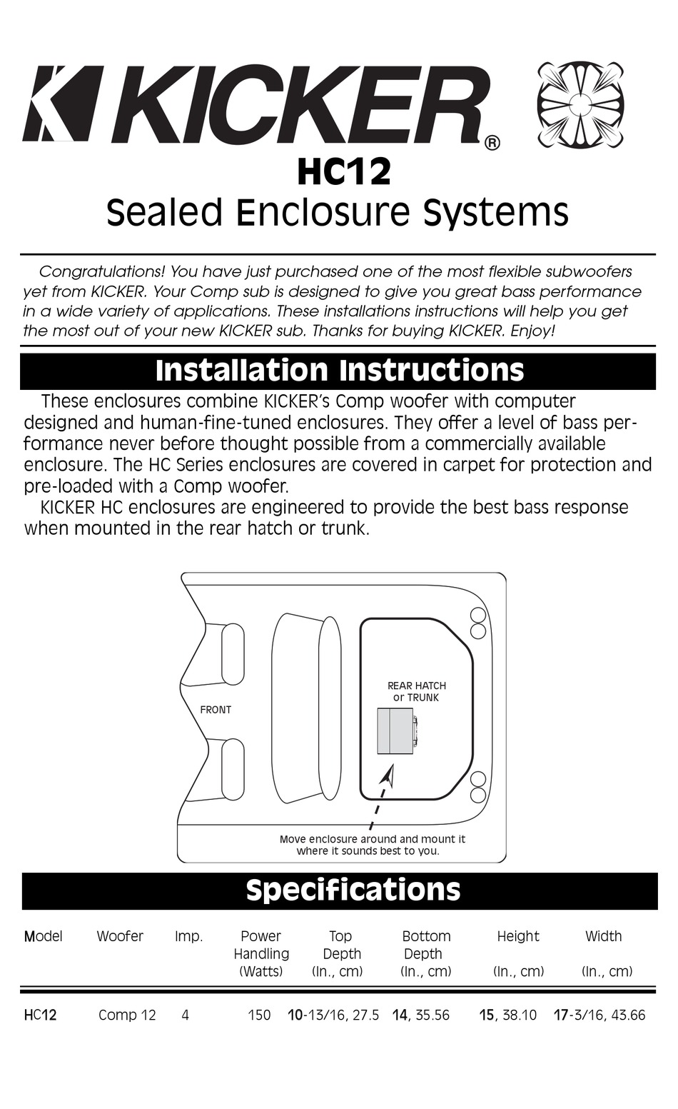 KICKER HC12 INSTALLATION INSTRUCTIONS Pdf Download ManualsLib