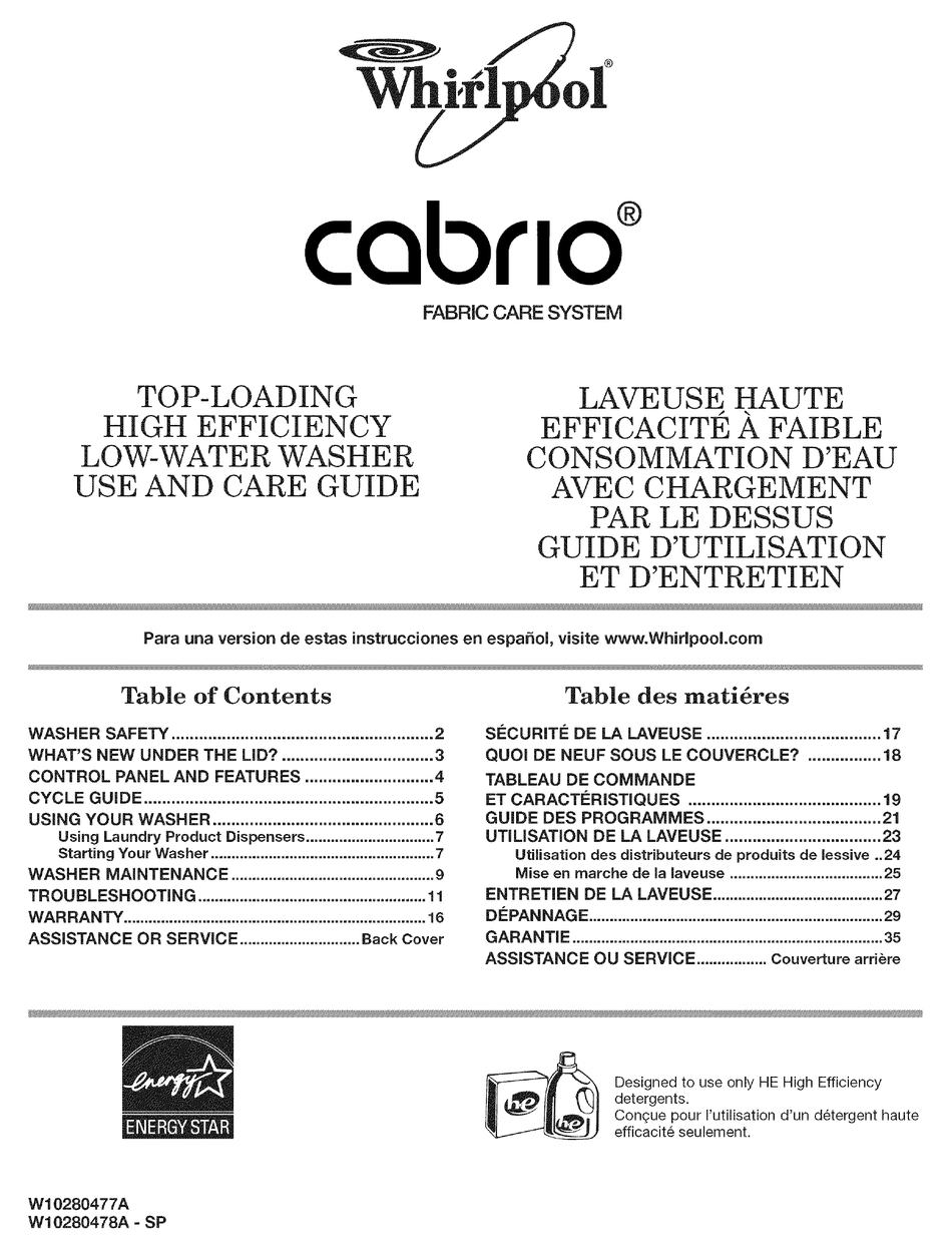 WHIRLPOOL CABRIO W10280477A USE AND CARE MANUAL Pdf Download | ManualsLib