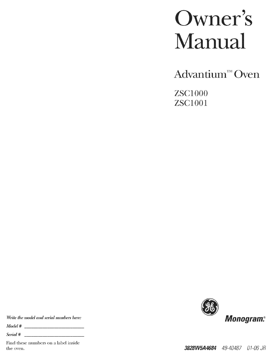 GE MONOGRAM ADVANTIUM ZSC1000 OWNER'S MANUAL Pdf Download ManualsLib