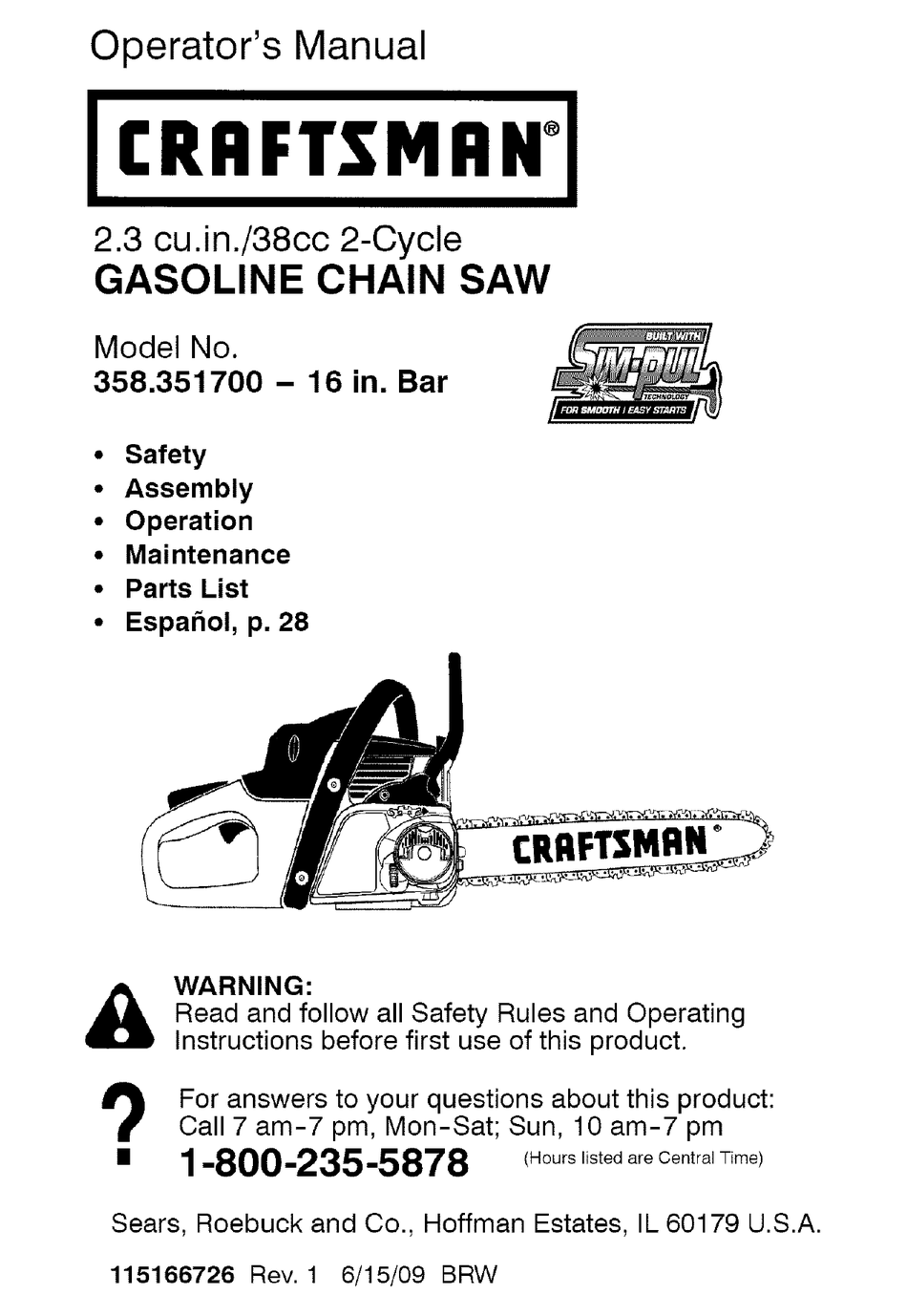 CRAFTSMAN 358.351700 OPERATOR