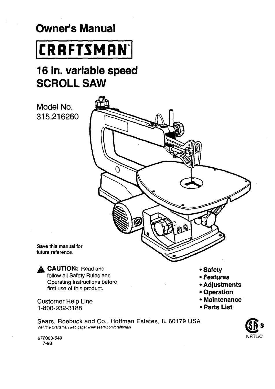 Labels - Craftsman 315.216260 Owner's 