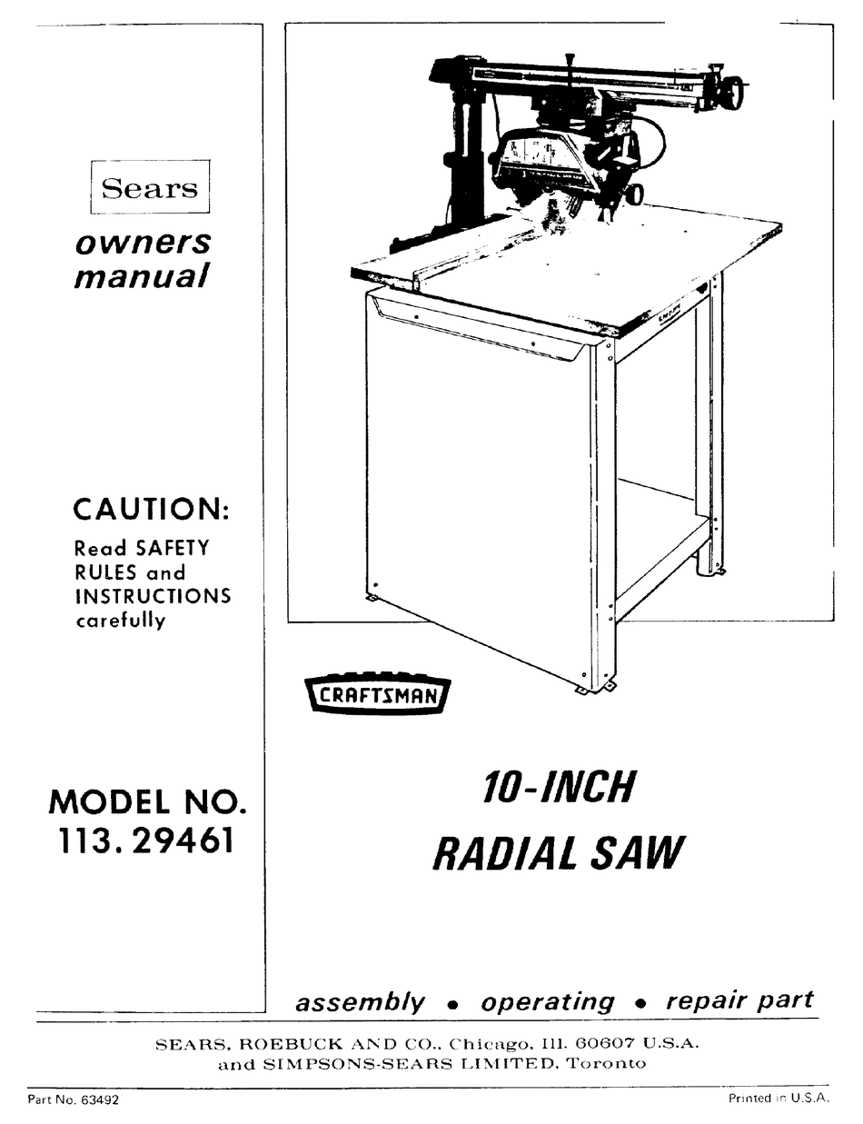 Sears Craftsman 9" Radial Arm Saw Manual No.113.29342 