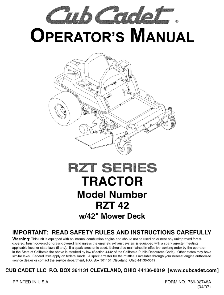 CUB CADET RZT 42 OPERATOR