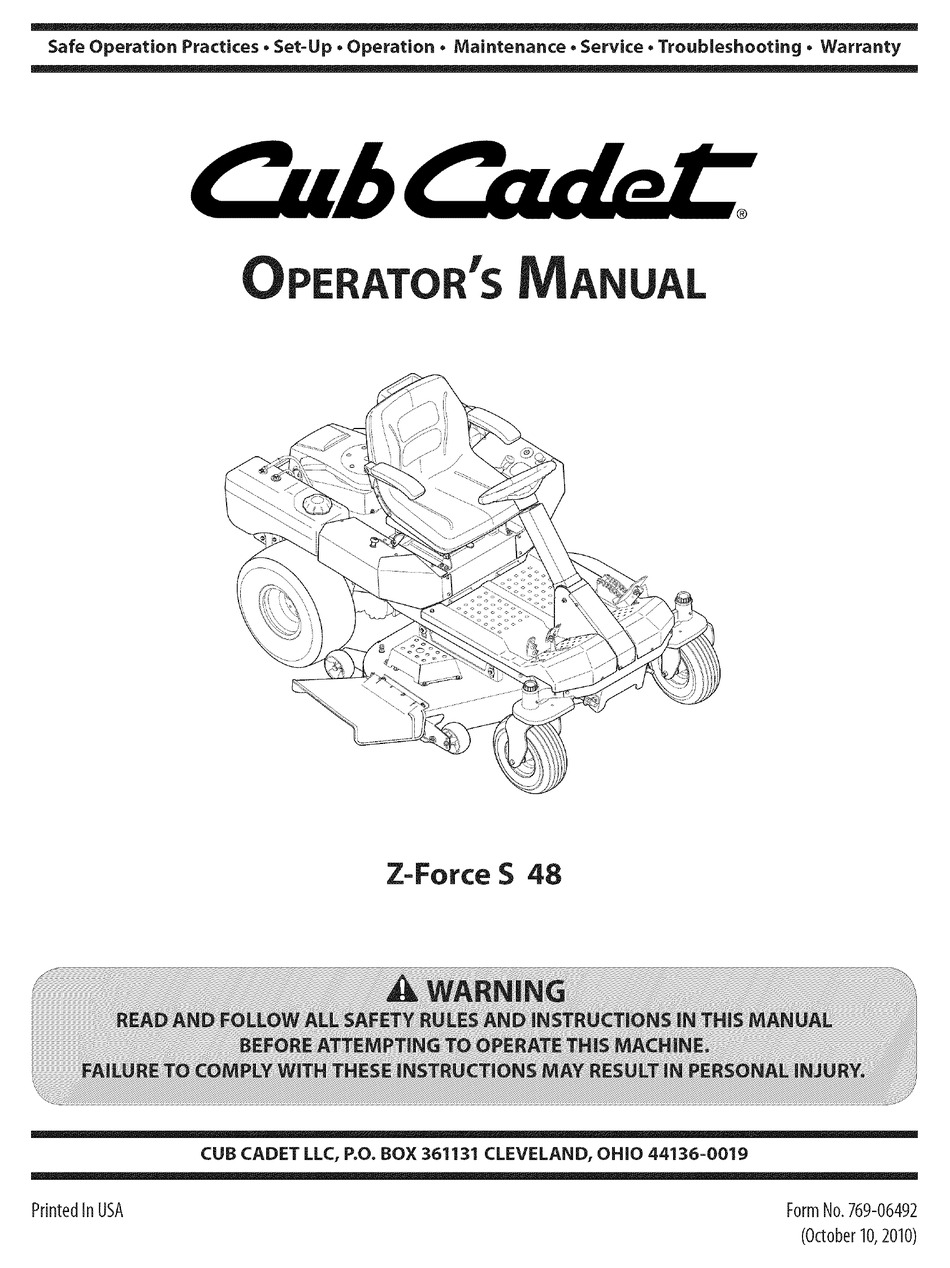 Cub Cadet Z Force S 48 Operator S Manual Pdf Download Manualslib