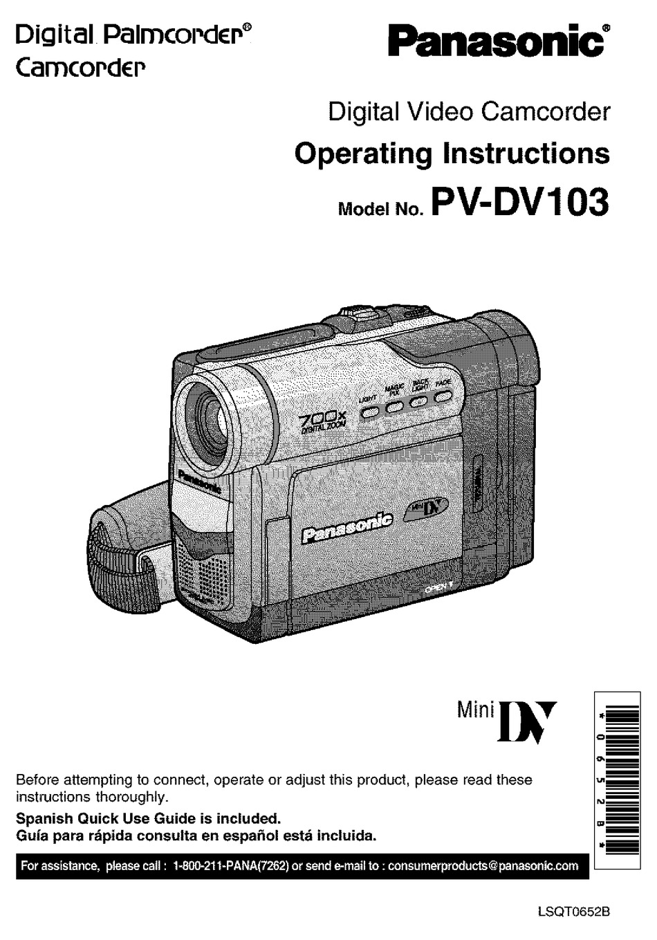 PANASONIC DIGITAL PALMCODER PVDV103 OPERATING INSTRUCTIONS MANUAL Pdf