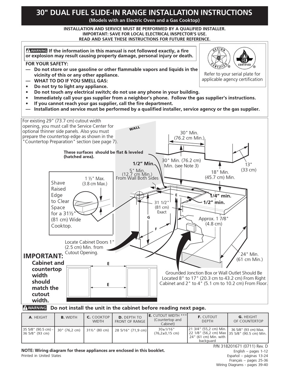 FRIGIDAIRE GLCS389FQ SLIDEIN DUAL FUEL RANGE INSTALLATION