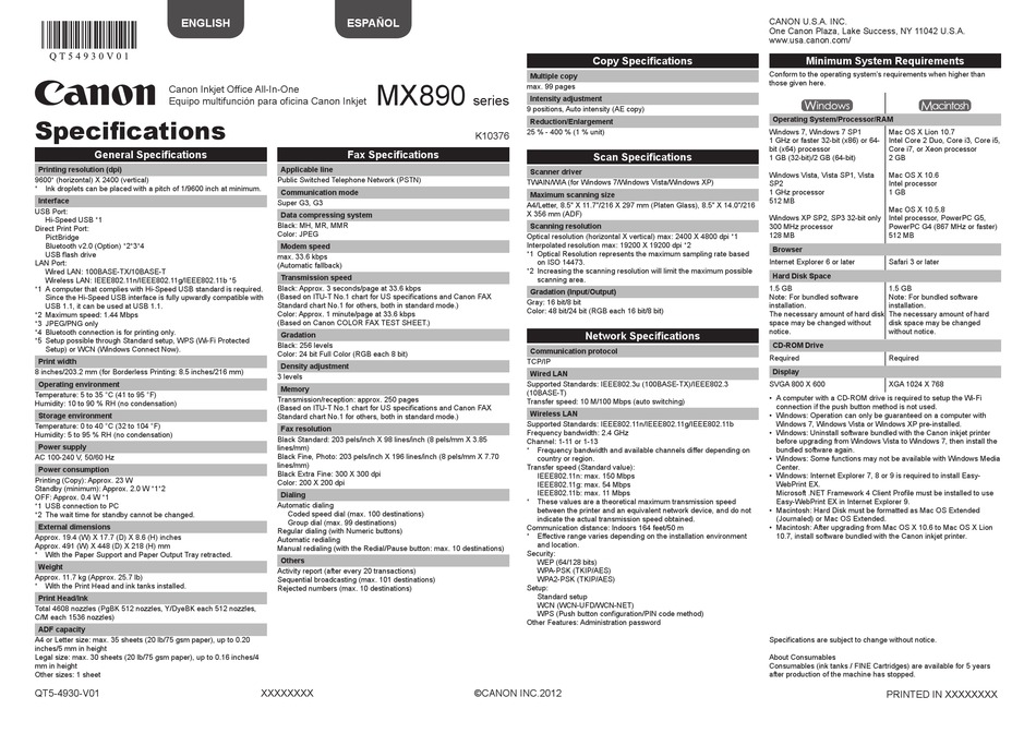 CANON PIXMA MX892 SPECIFICATION Pdf Download ManualsLib