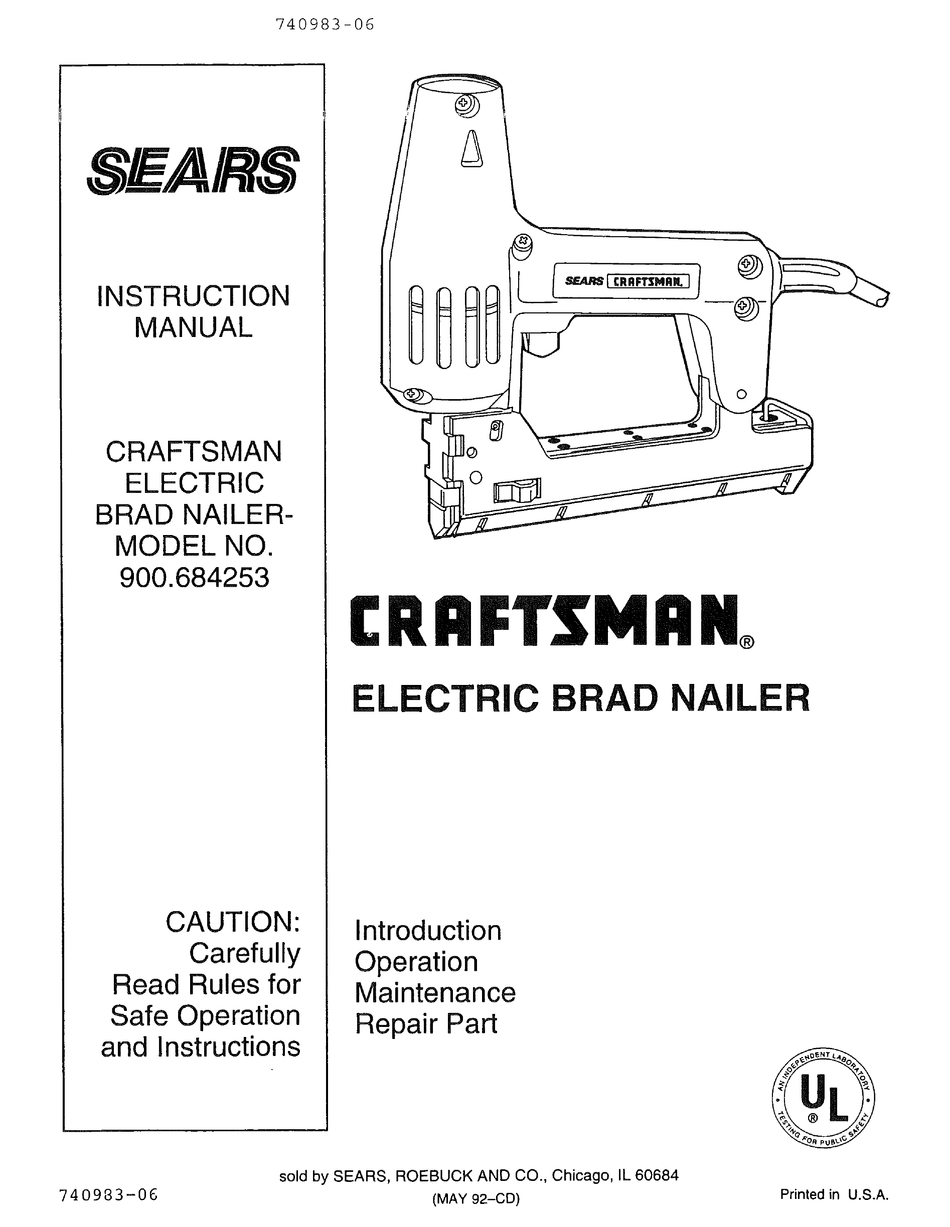 Sears Craftsman Electric Brad Nailer #968425 in Box Vintage Tested
