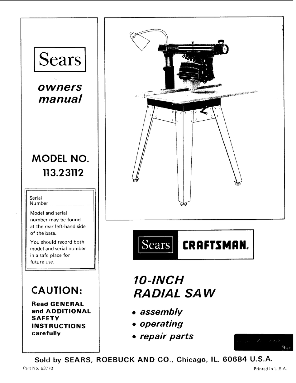 Sears Craftsman  Radial Arm Saw Manual No.113.234700
