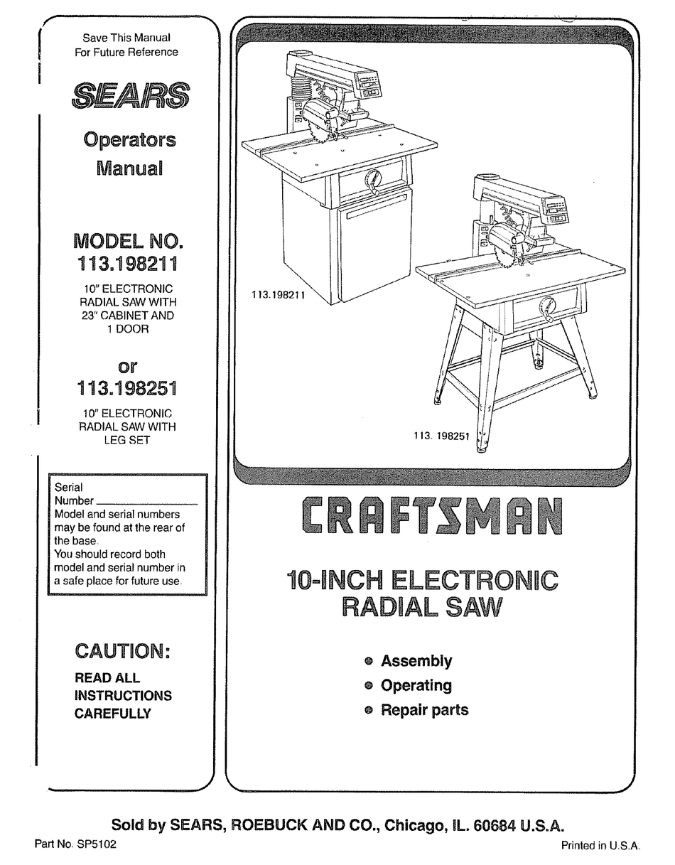 Sears Craftsman  Radial Arm Saw Manual No.113.197752 