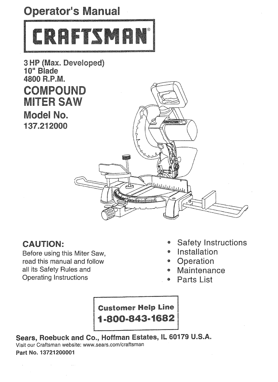 Craftsman 137.212390 Miter Saw Owners Instruction Manual 
